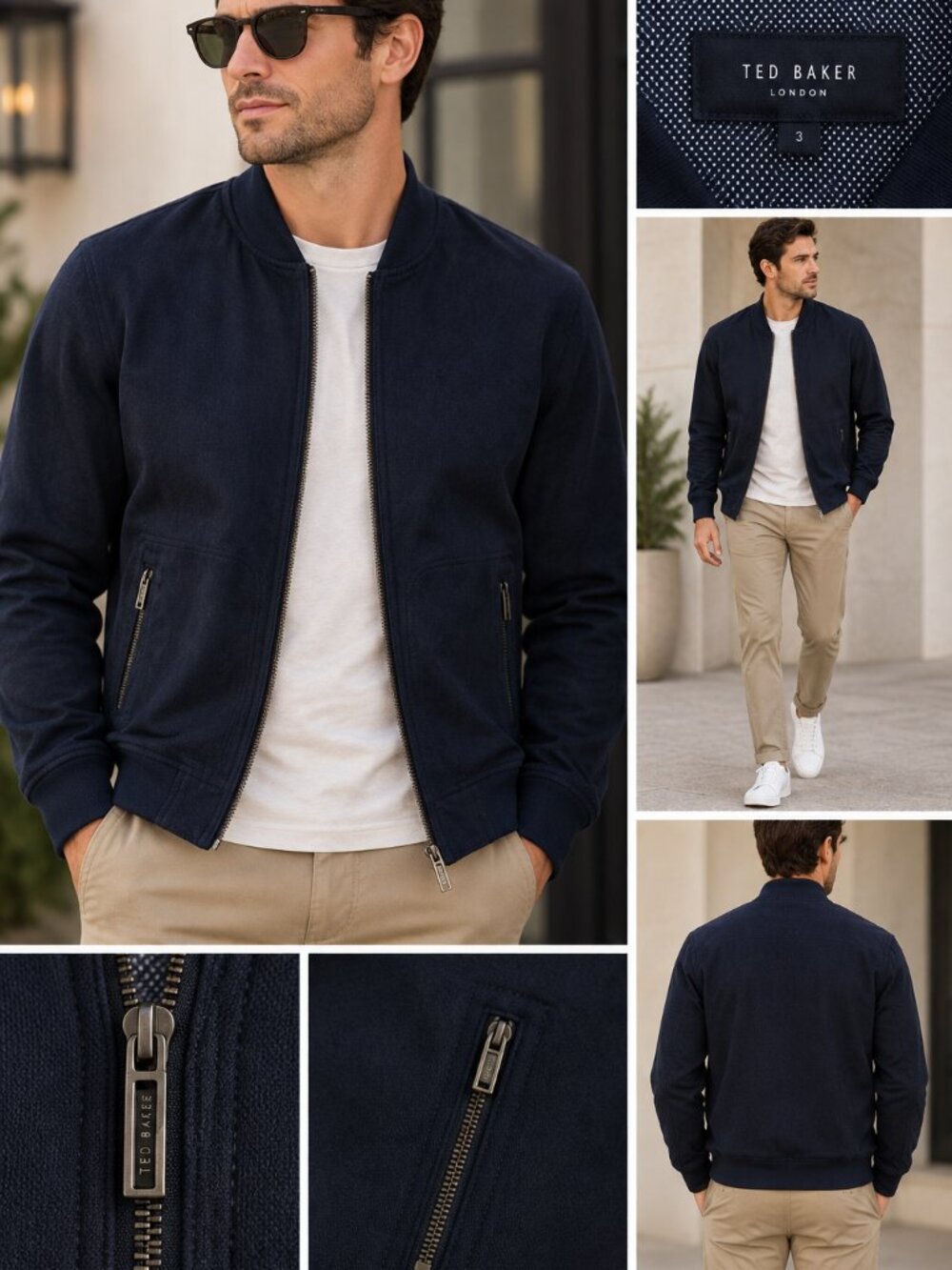 Ted Baker Navy Textured Bomber Jacket Size M Lightweight Zip Front Mens Jacket